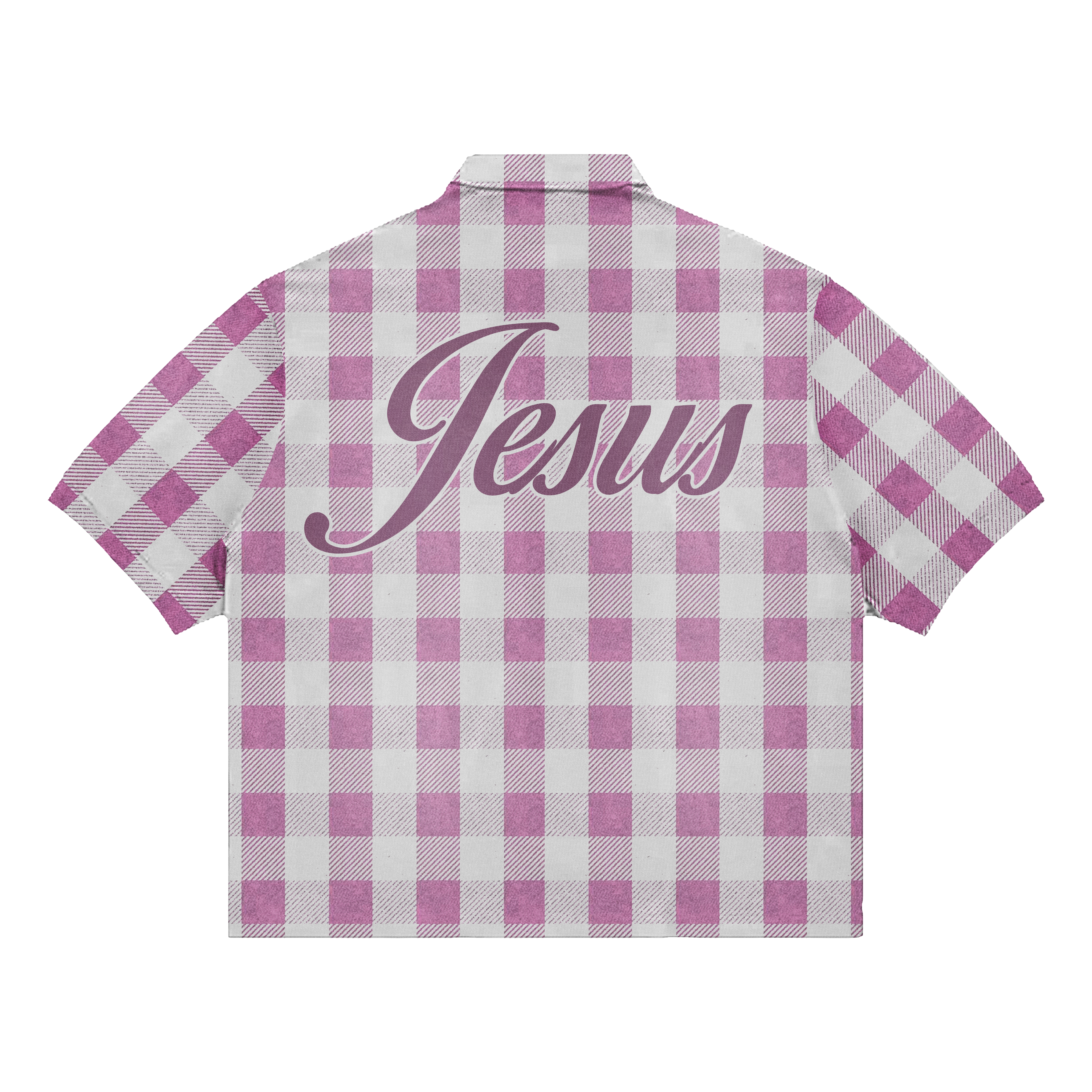 Pink and white checkered shirt with 'Jesus' text on a white background