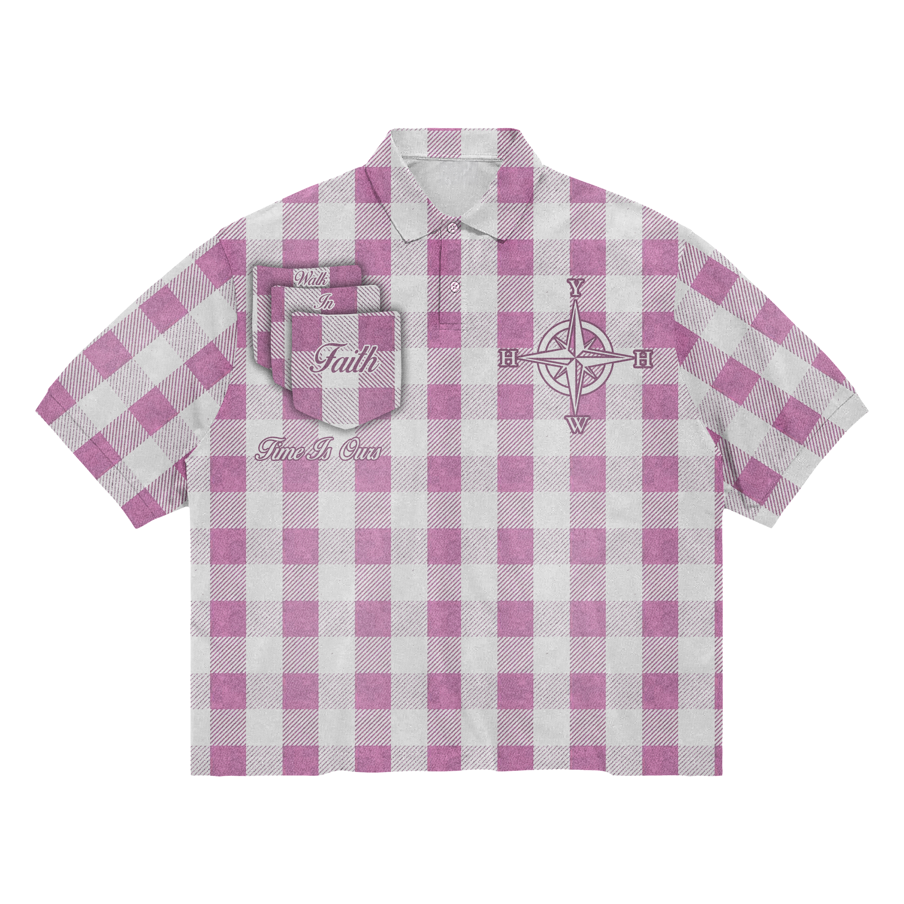 Pink and white checkered shirt with YHWH compass design and "Walk In Faith" text